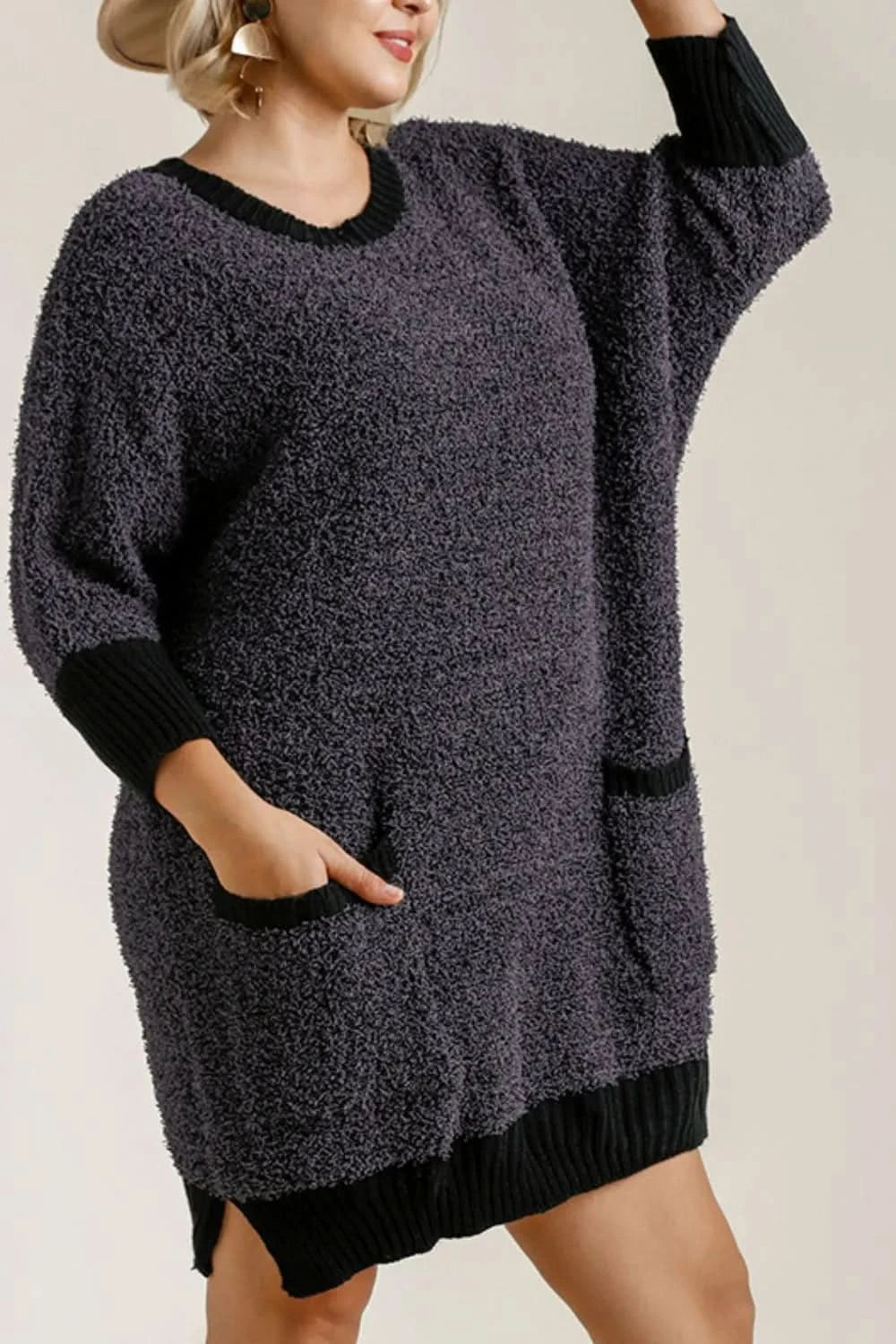Umgee Full Size Ribbed Hem Round Neck 3/4 Sleeve Sweater Dress with Pockets Plus Size in - photo