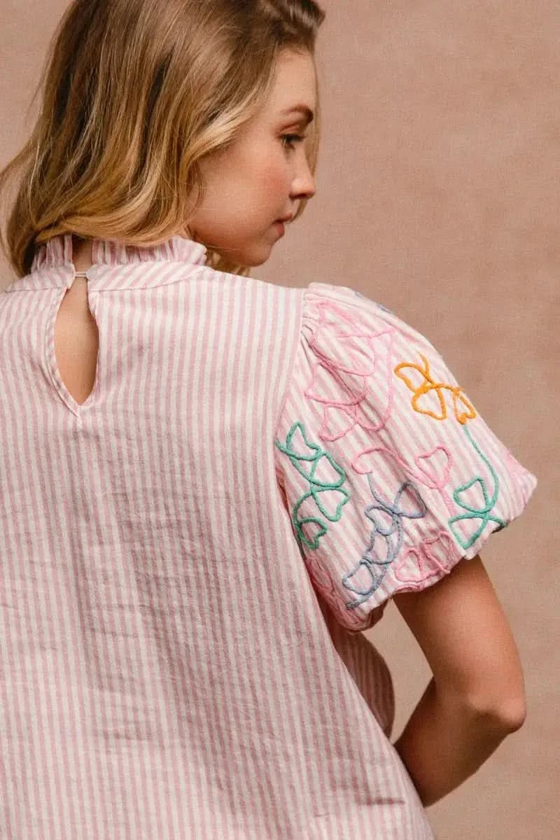 BiBi Embroidery Bubble Sleeve Top With Bottom Scallop Detail in - photo