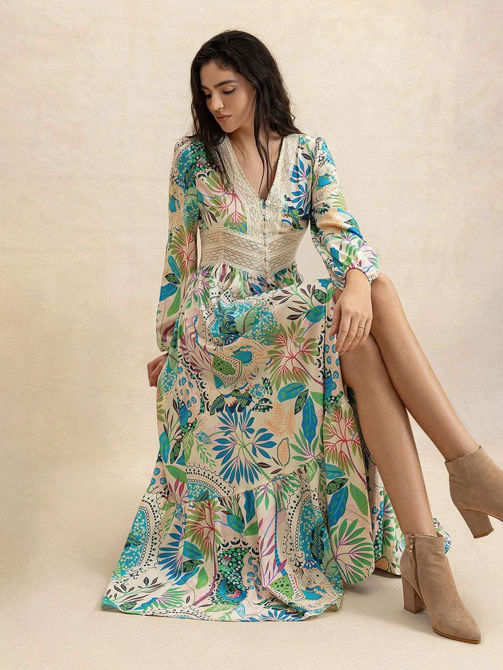 Slit Printed V-Neck Long Sleeve Midi Dress in - Dresses photo