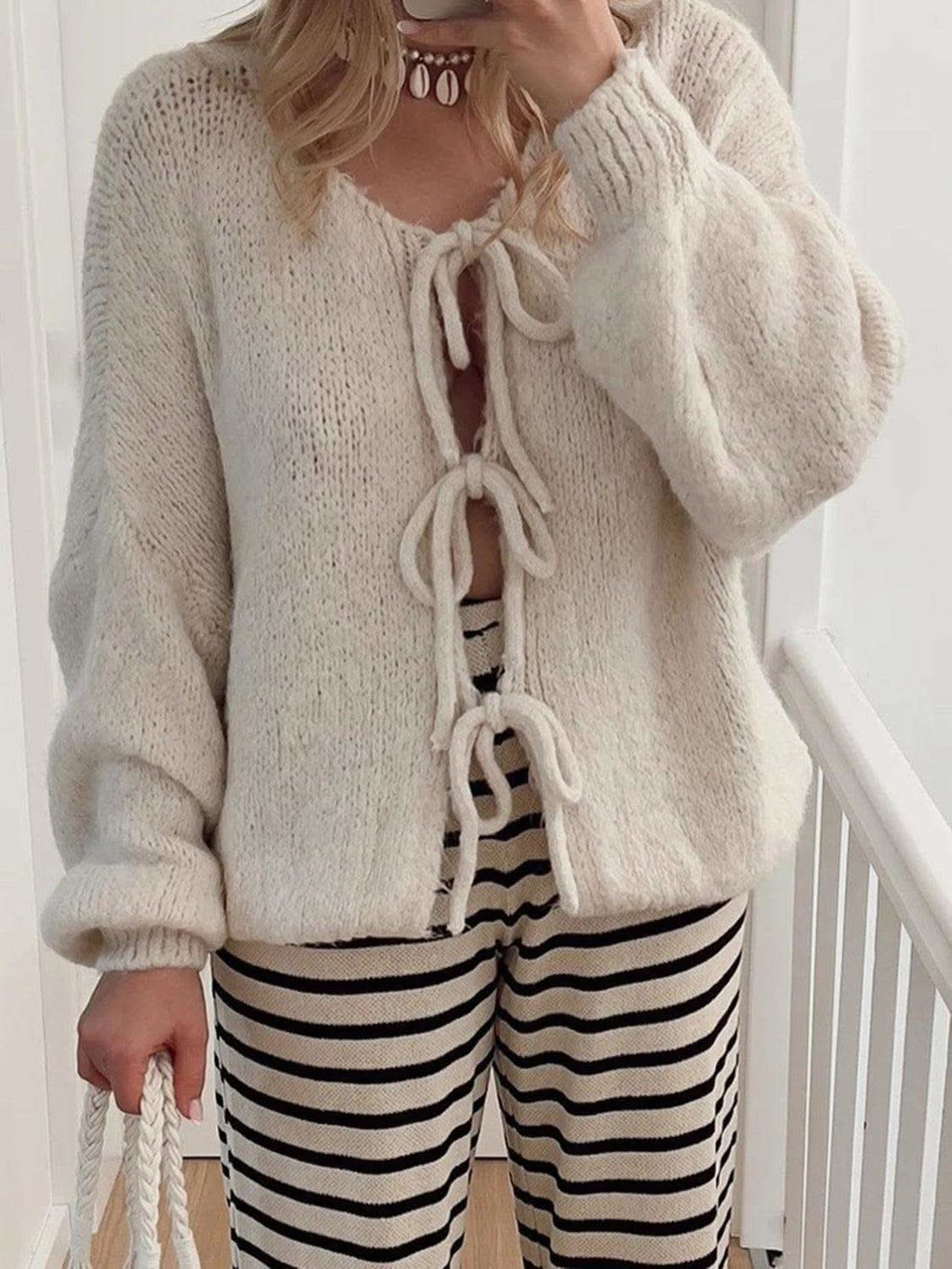 Tied Long Sleeve Dropped Shoulder Cardigan in Beige - photo