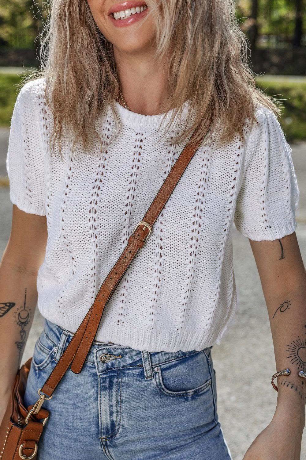 Openwork Round Neck Short Sleeve Knit Top in - photo