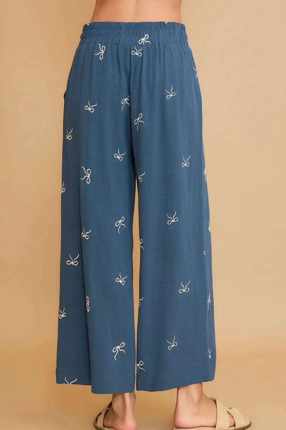 Umgee Full Size Lace Drawstring Embroidered Bow Wide Leg Pants Plus Size in - photo