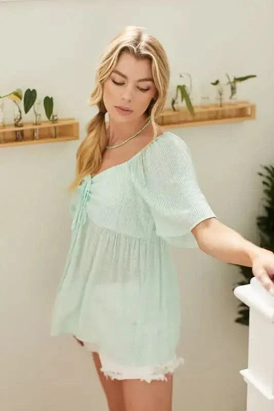 Lime 'N' Chili Thin Striped with Tie Front Babydoll Top in - photo