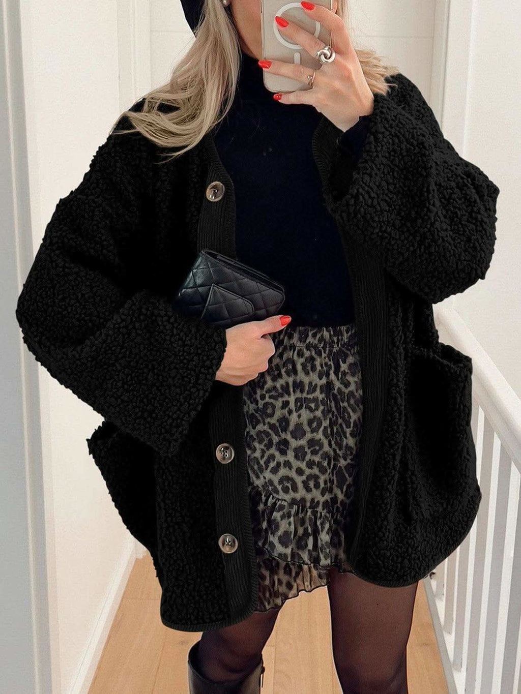 Contrast Button Up Sherpa Jacket with Pockets in - photo