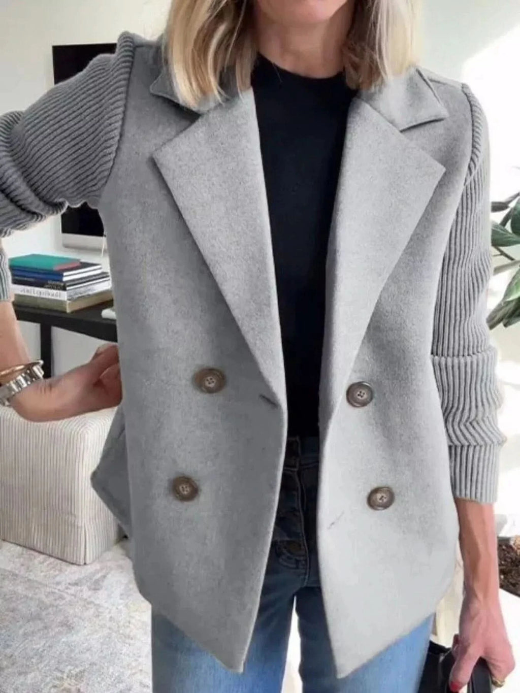 Knit Sleeve Double-Breasted Outerwear in Light Gray - photo