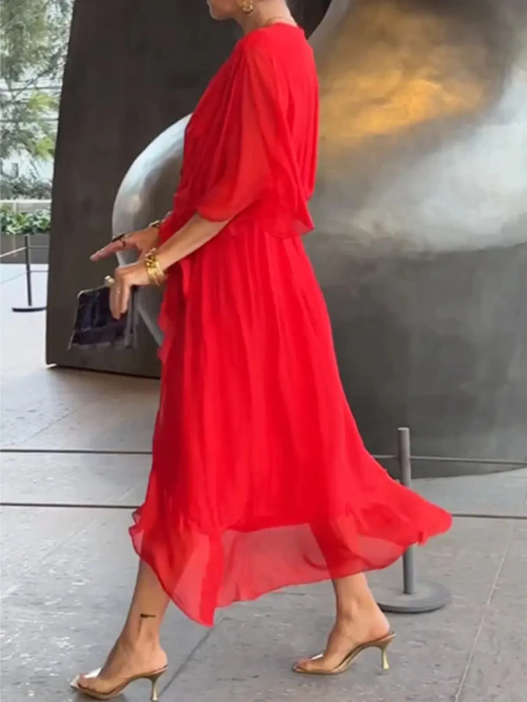 Flowy Tie Front Midi Dress with Flutter Sleeves in - photo