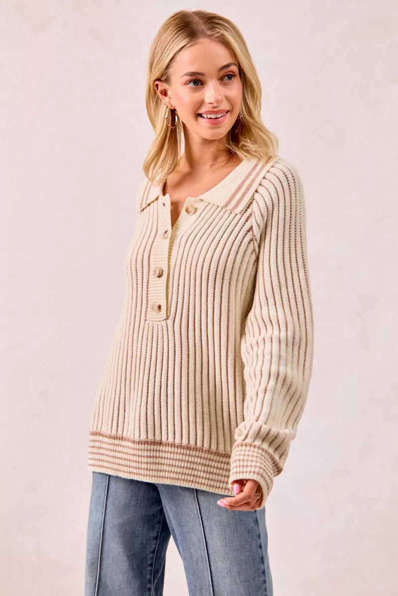 BiBi Half Button Ribbed Two Tone Sweater - SwagglyLife Home & Fashion