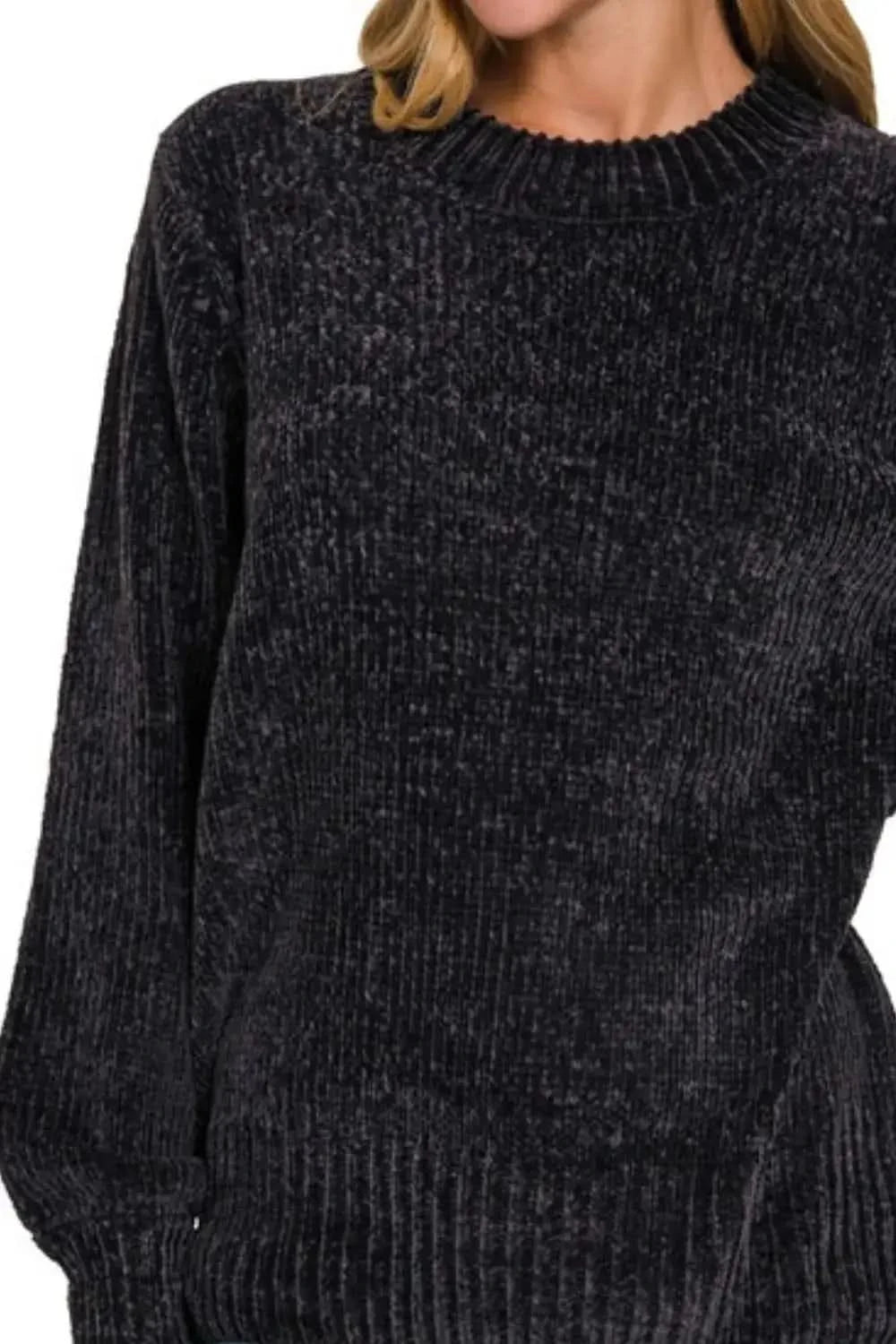 Zenana Round Neck Balloon Sleeve Chenille Sweater in - photo