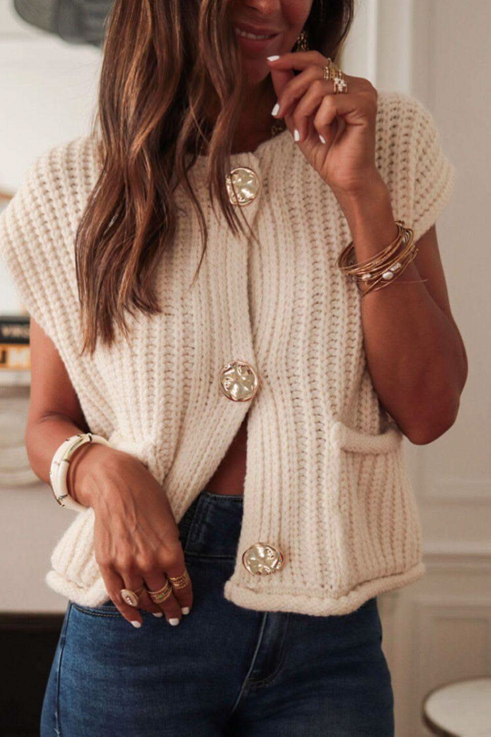 Button Down Sweater Vest with Pockets in Cream - photo