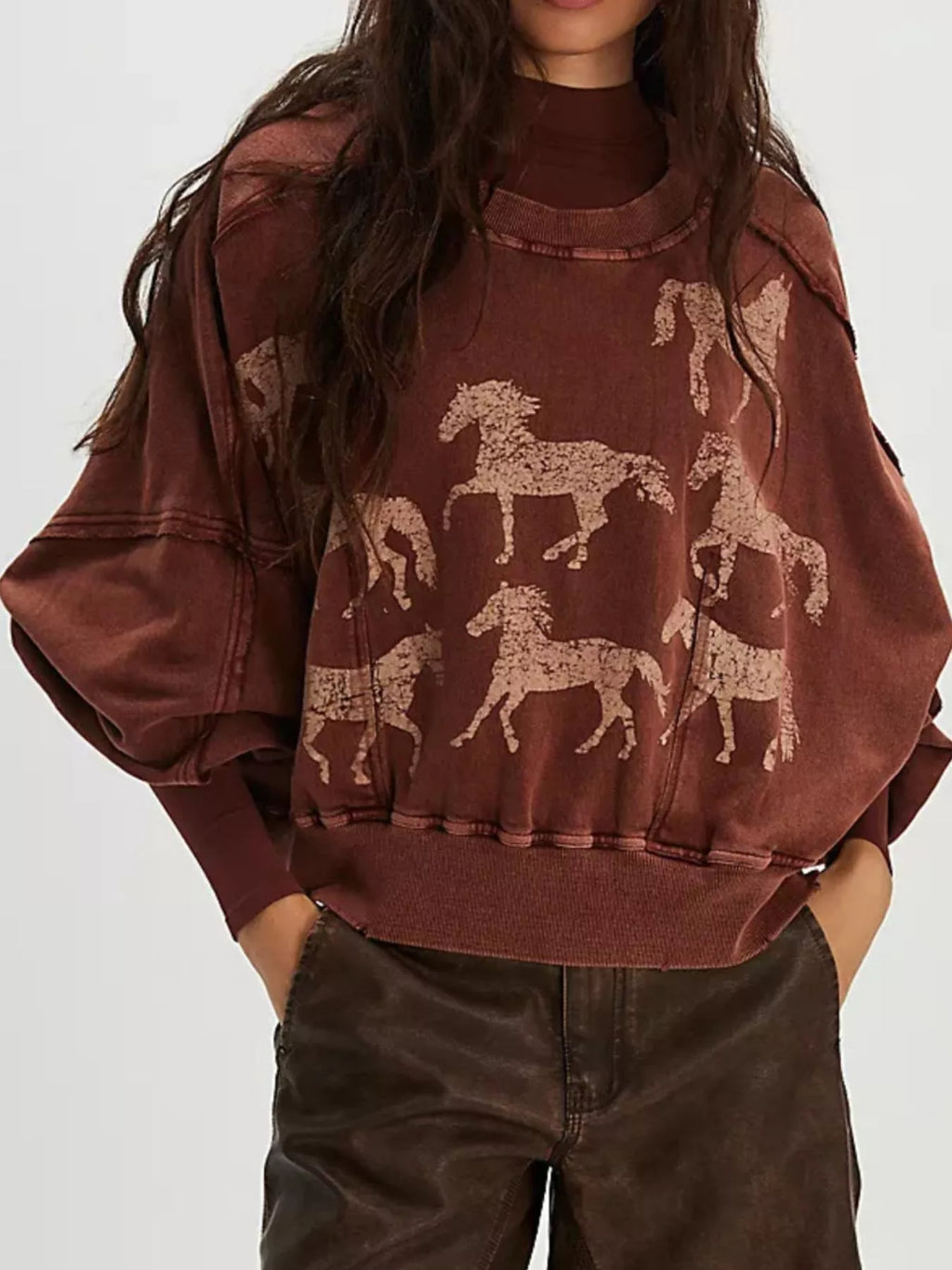 Printed Round Neck Dropped Shoulder Sweatshirt in Dark Brown - photo