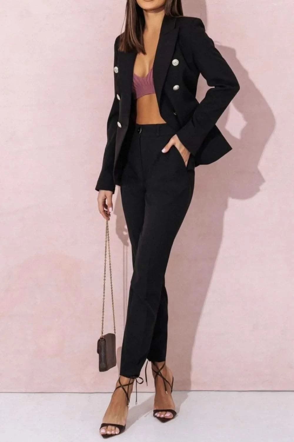 Full Size Lapel Collar Long Sleeve Blazer and Pants Set Plus Size in - photo