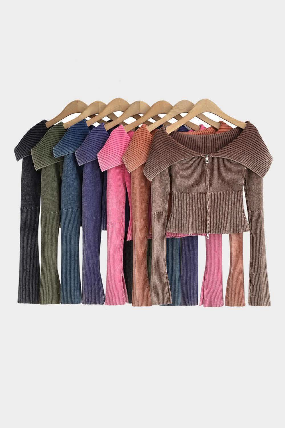 Double Take Ribbed Off-Shoulder Zip Up Long Sleeve Cardigan in - photo