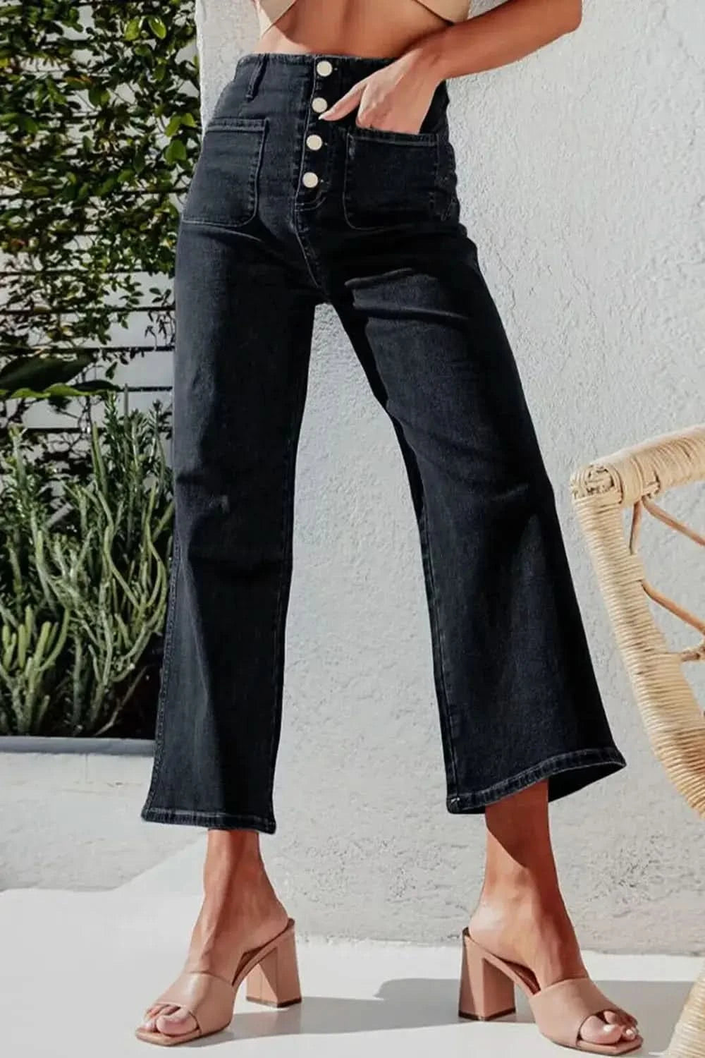 Button Fly Cropped Wide Leg Jeans in - photo