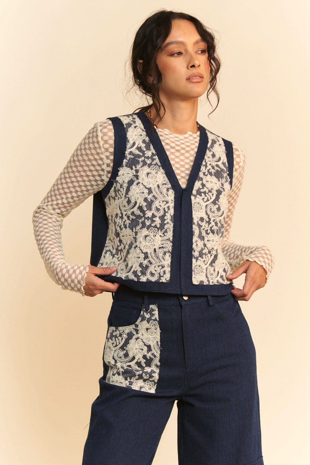 Davi & Dani Lace Patch Open Front Denim Vest in - photo