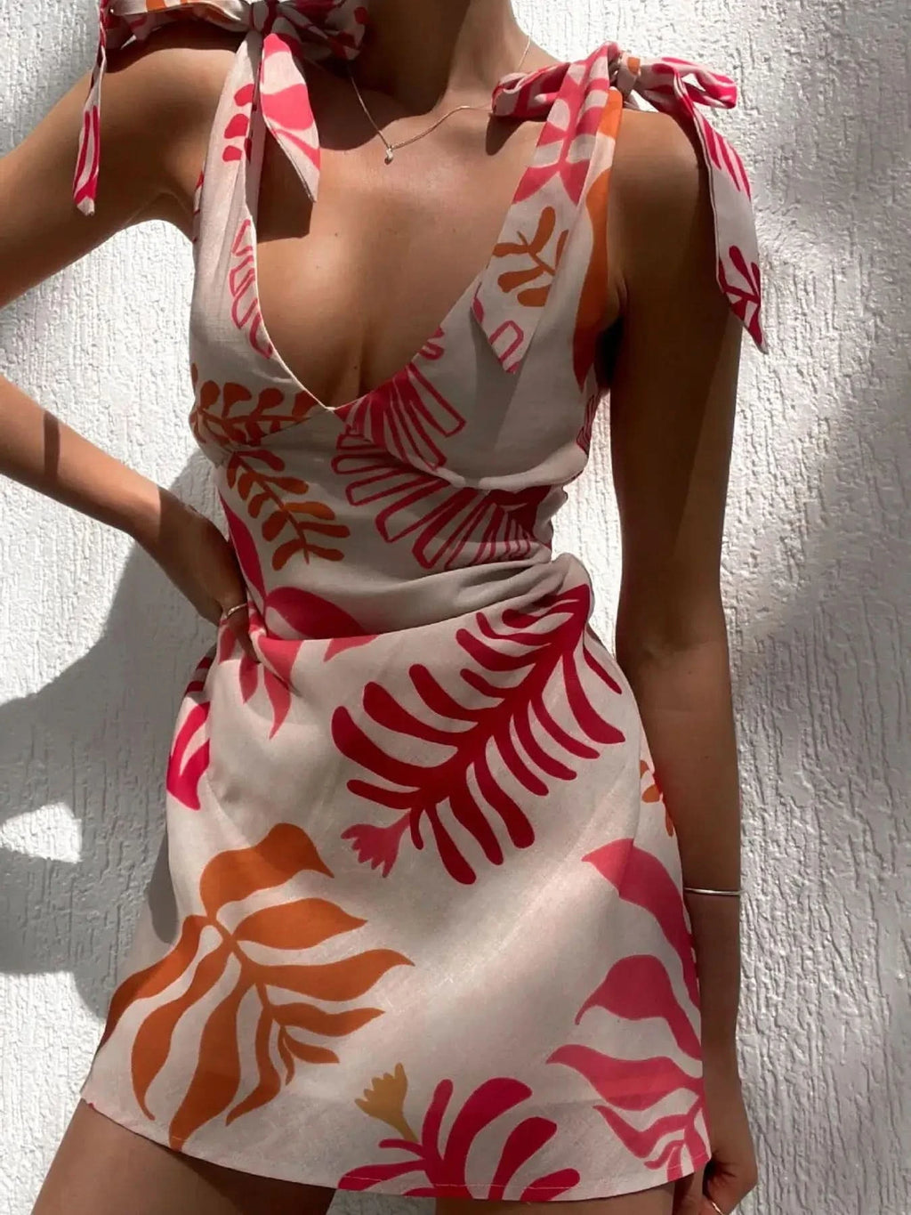 Printed Tie-Shoulder Mini Dress - SwagglyLife Home & Fashion