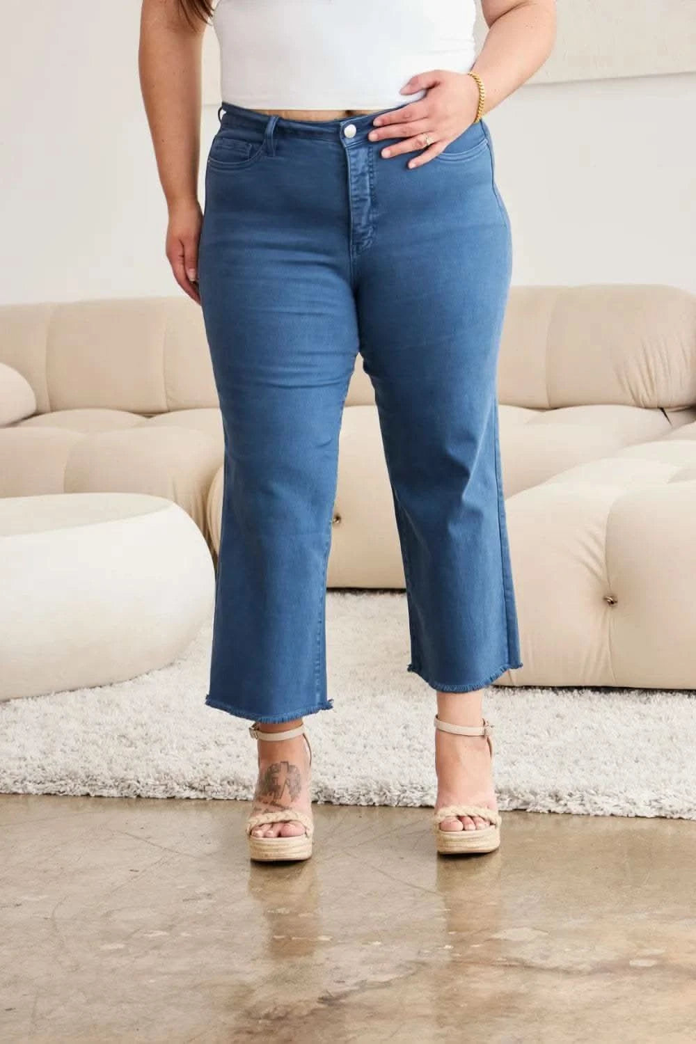 RFM Crop Chloe Full Size Tummy Control High Waist Raw Hem Jeans in - photo