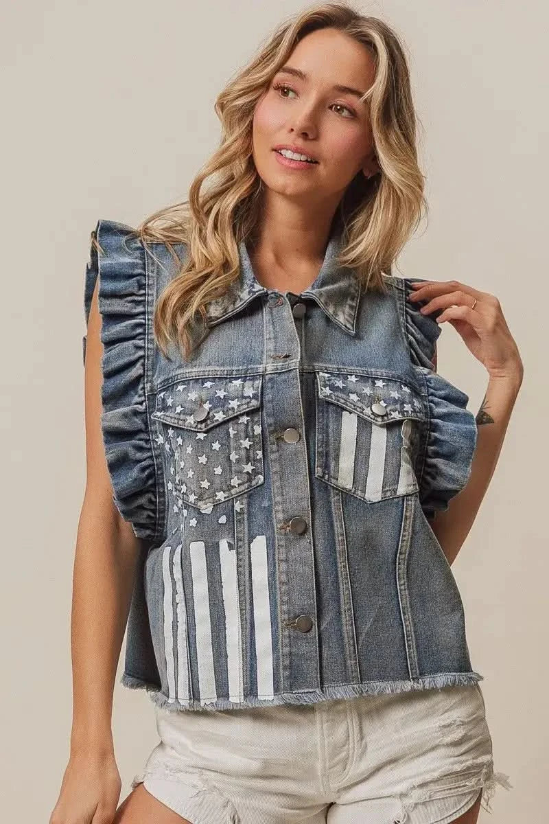 BiBi American Flag Washed Denim Jacket - SwagglyLife Home & Fashion