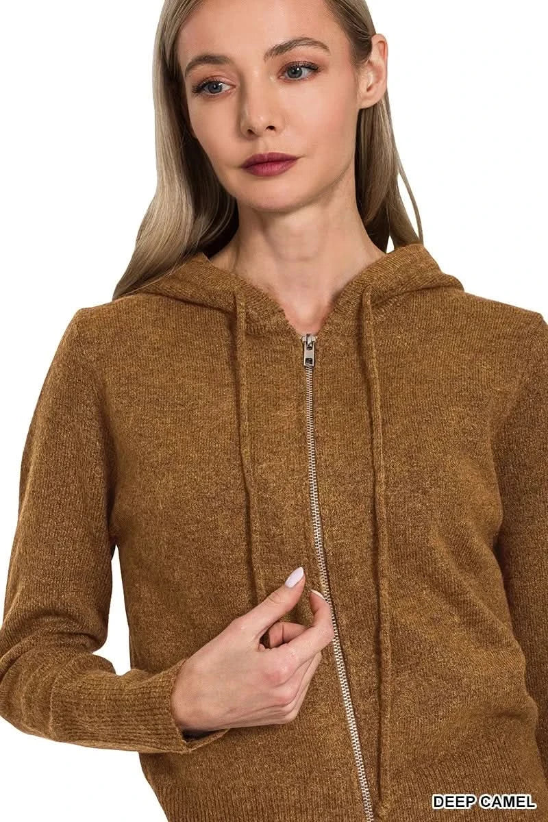 Zenana Drawstring Zip Up Hooded Cardigan in - photo