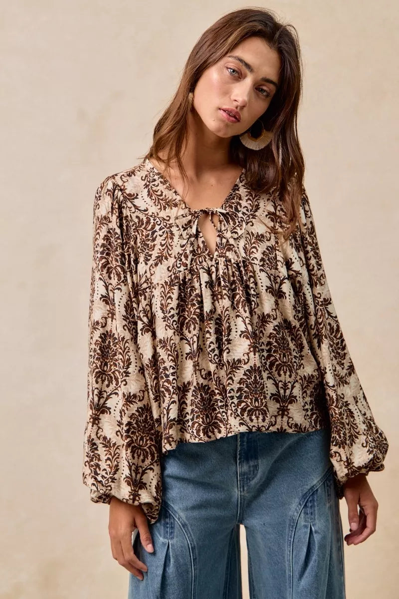 BiBi Printed Woven Front Tied Blouse with Baloon Sleeve in - photo