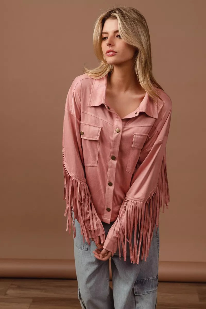 BiBi Suede Fringe Long Sleeve Jacket in - photo