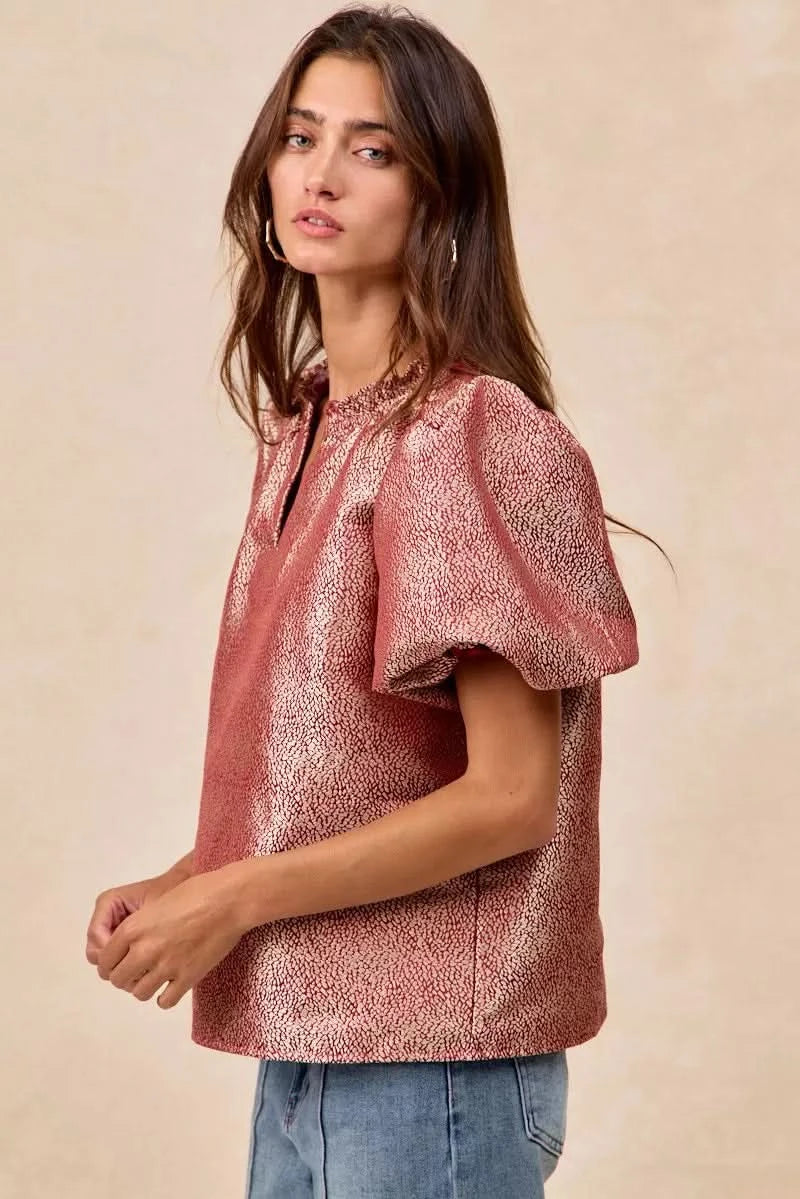 BiBi Jacquard Woven Short Balloon Sleeves V Neck Top in - photo