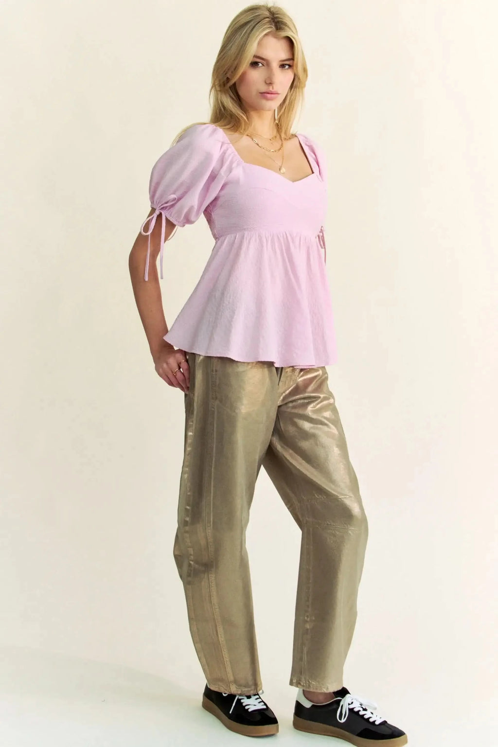 Davi & Dani Solid Elastic Peplum Puffed Sleeves Blouse in - photo