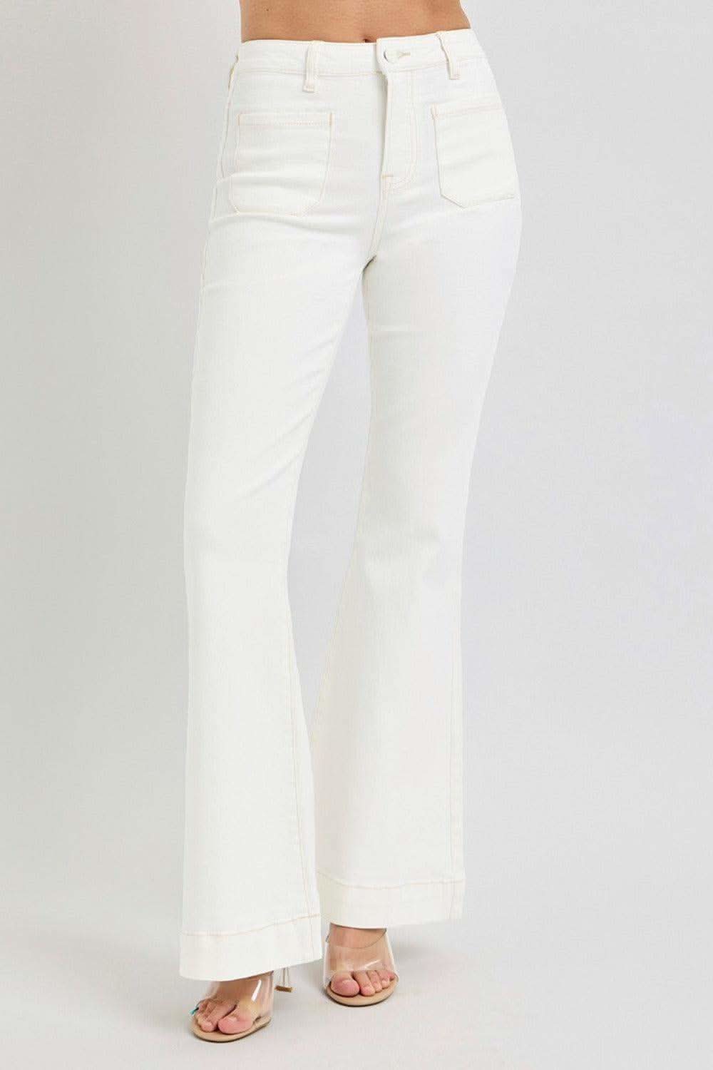 RISEN Full Size High Rise Front Patch Pocket Flare Jeans in - photo