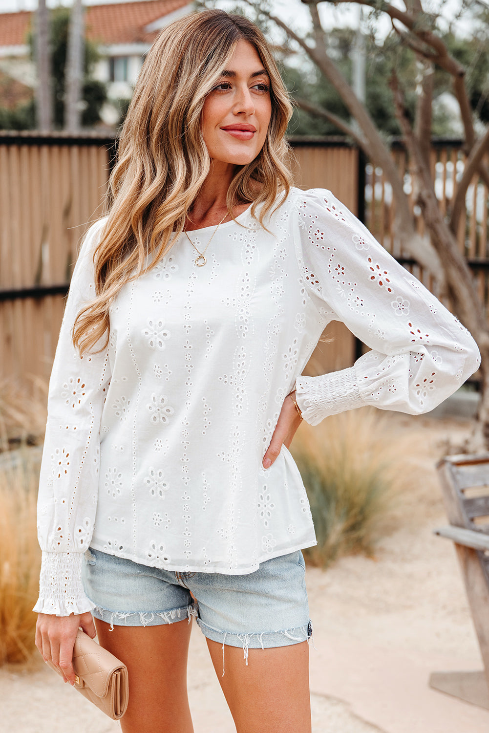 Allison Eyelet Embroidered Smocked Cuff Sheer Blouse in - Tops/Blouses & Shirts photo
