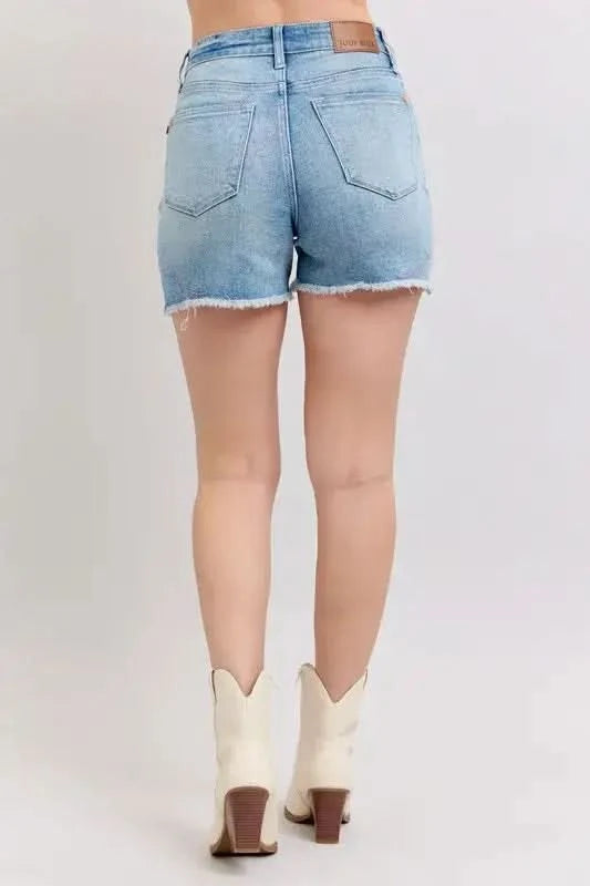 Judy Blue Full Size High Waist Western Embroidery Detail Cut Off Denim Shorts Plus Size in - photo