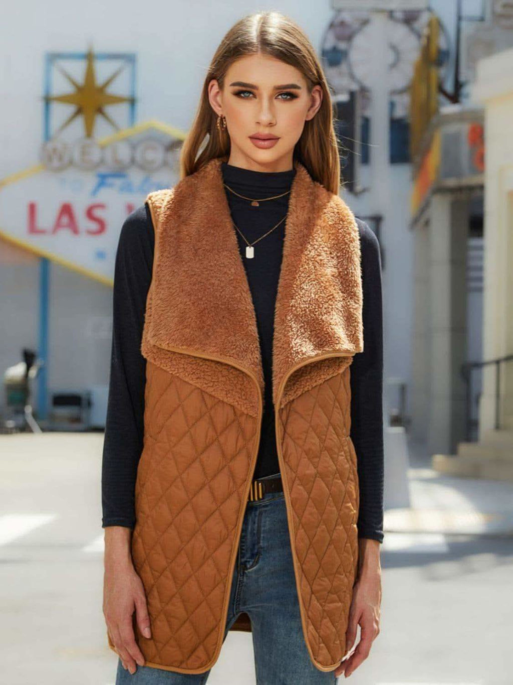 Open Front Collared Vest in Camel - photo