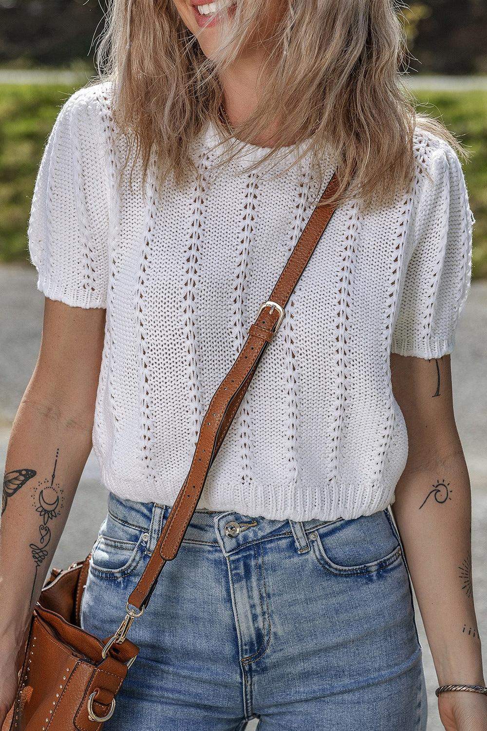 Openwork Round Neck Short Sleeve Knit Top in - photo