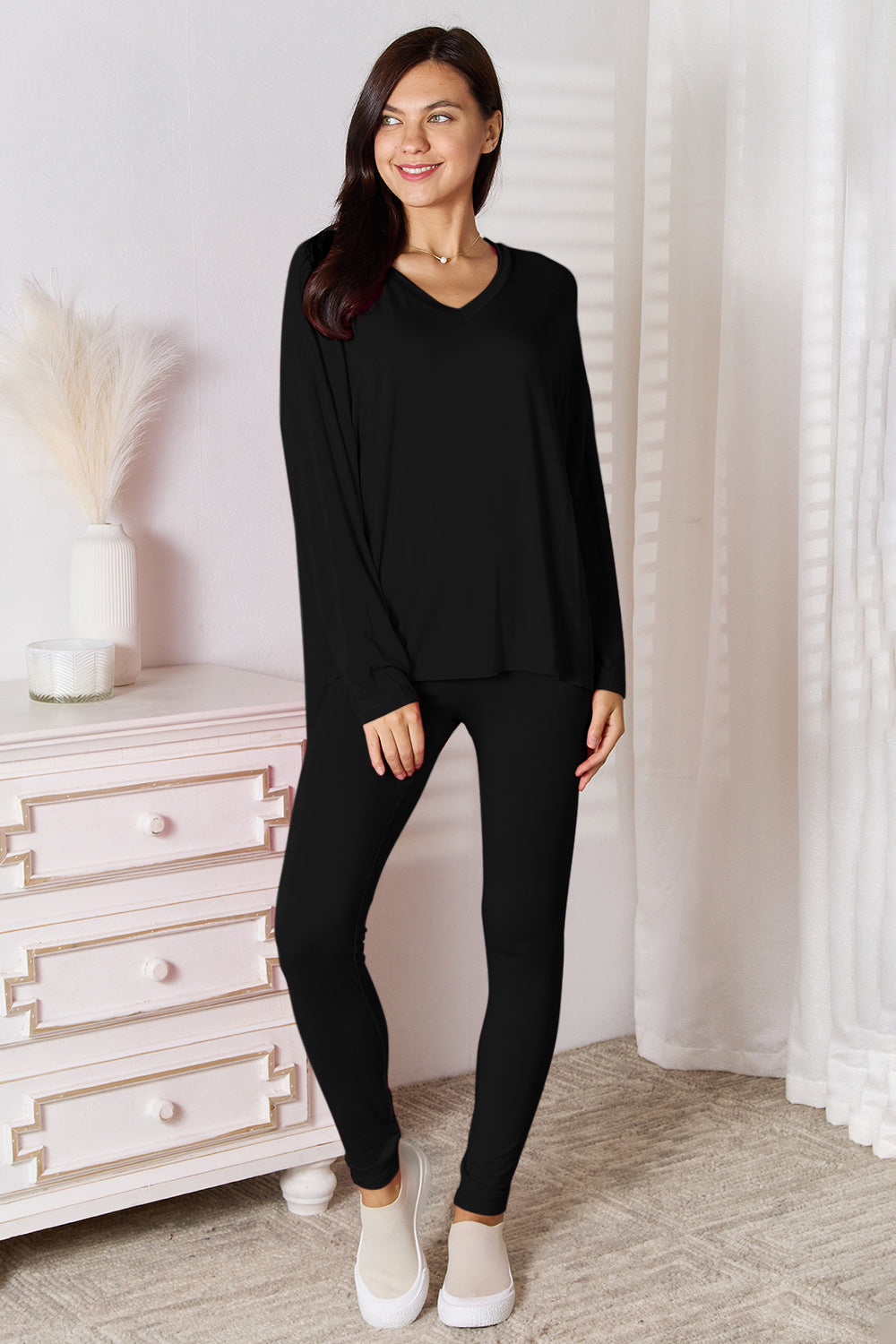 Basic Bae Bamboo Full Size V-Neck Long Sleeve Top and Pants Lounge Set in Black - Sets photo