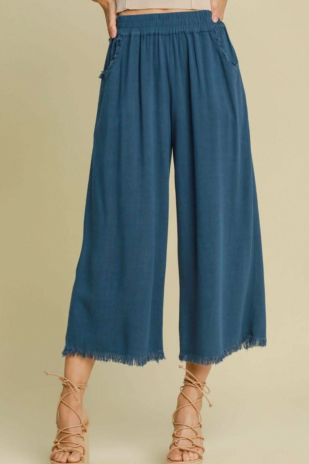 Umgee Full Size Linen Blend Elastic Waistband Wide Leg Pants Plus Size in Peacock Blue - photo
