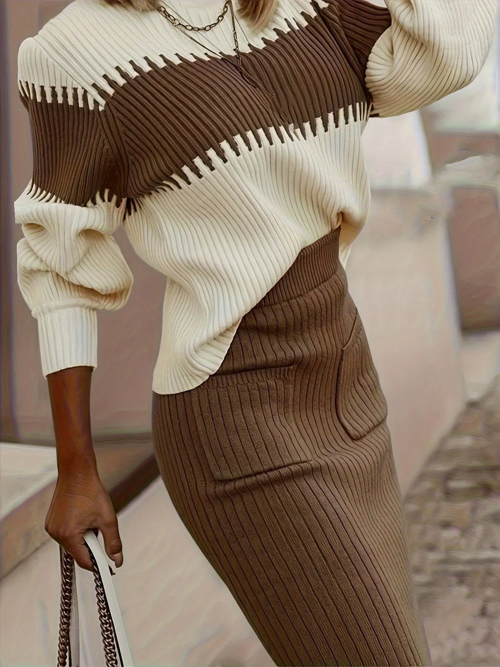 Two-Tone Ribbed Knit Top and Skirt Sweater Set in - photo