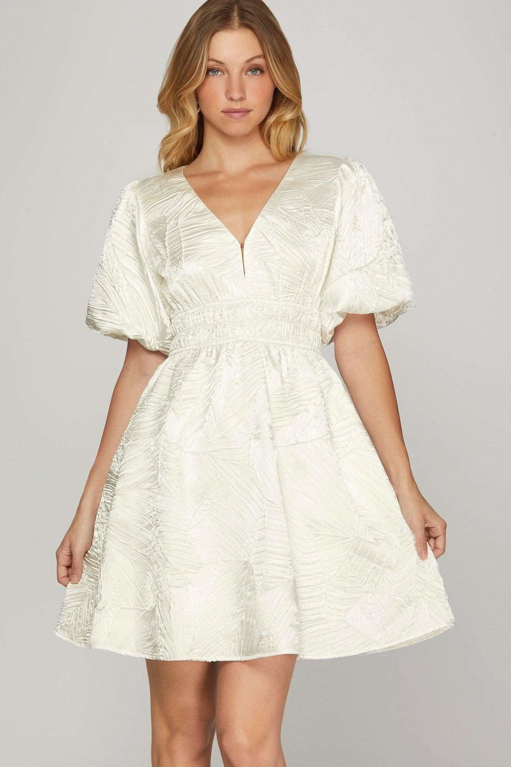 She + Sky Crinkle Woven V-Neck Balloon Sleeve Mini Dress in OFF WHITE - photo