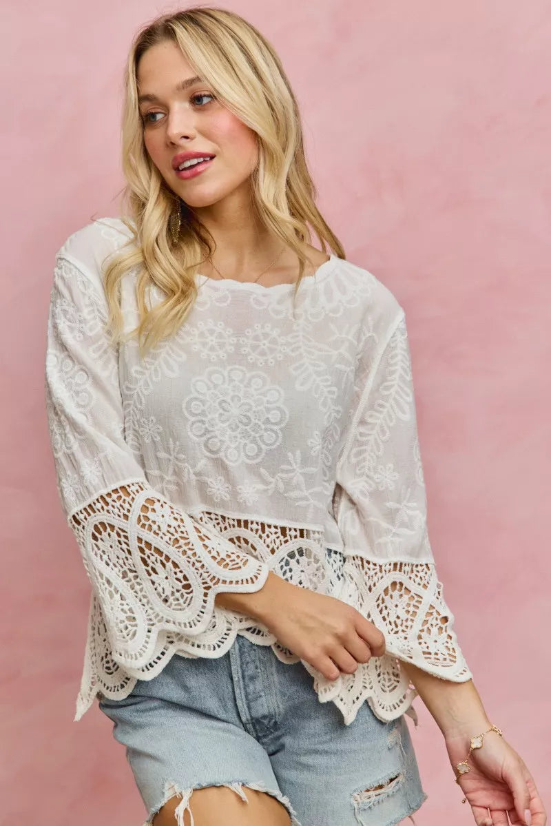 SO ME Floral Embroidered Crochet Lace Trimmed Top in - photo