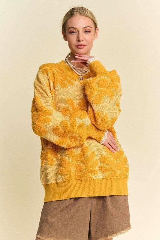 Davi & Dani Flower Texture Round Neck Dropped Shoulder Sweater in Gold - photo
