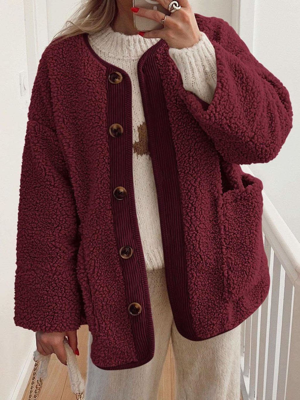 Contrast Button Up Sherpa Jacket with Pockets in - photo