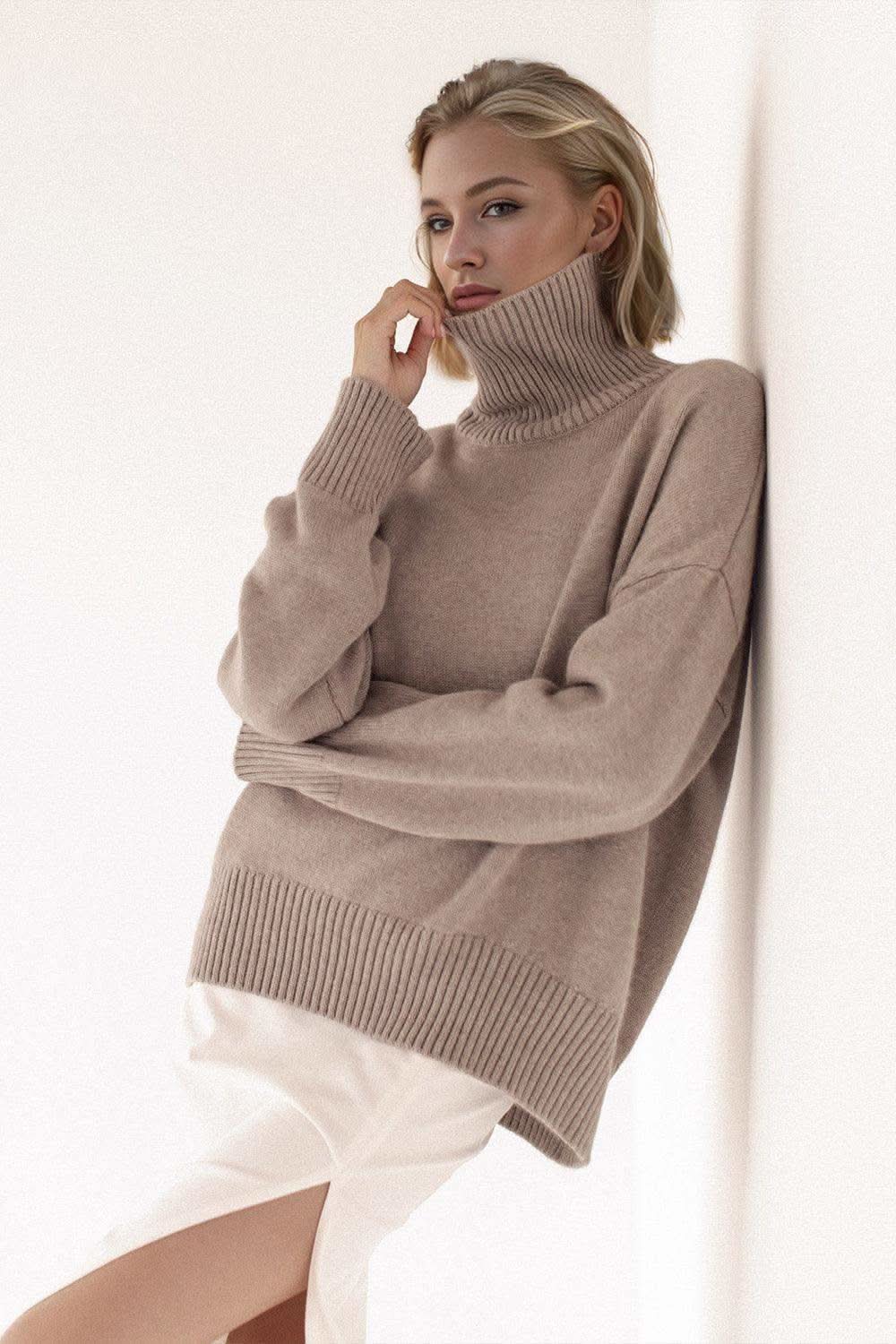 Basic Bae Turtleneck Dropped Shoulder Long Sleeve Sweater in Taupe One Size - sweater photo