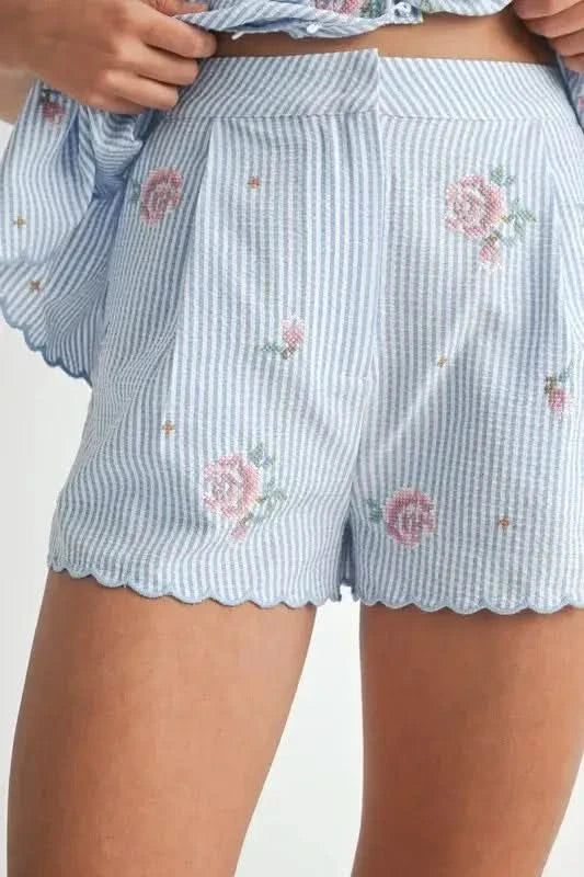 MABLE Stripe Embroidered Peplum Cami and Shorts Set in - photo