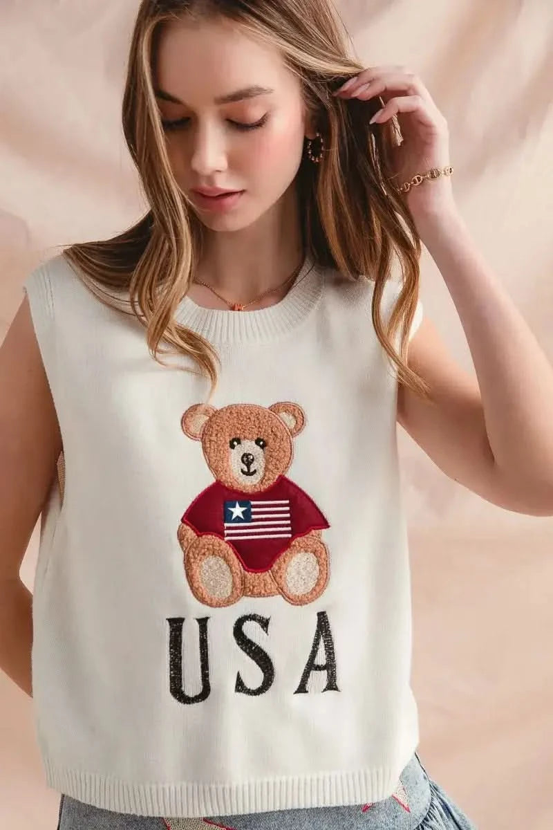 SO ME Teddy Bear Wearing An American Flag With Usa Embroidered Sweater Vest in - photo