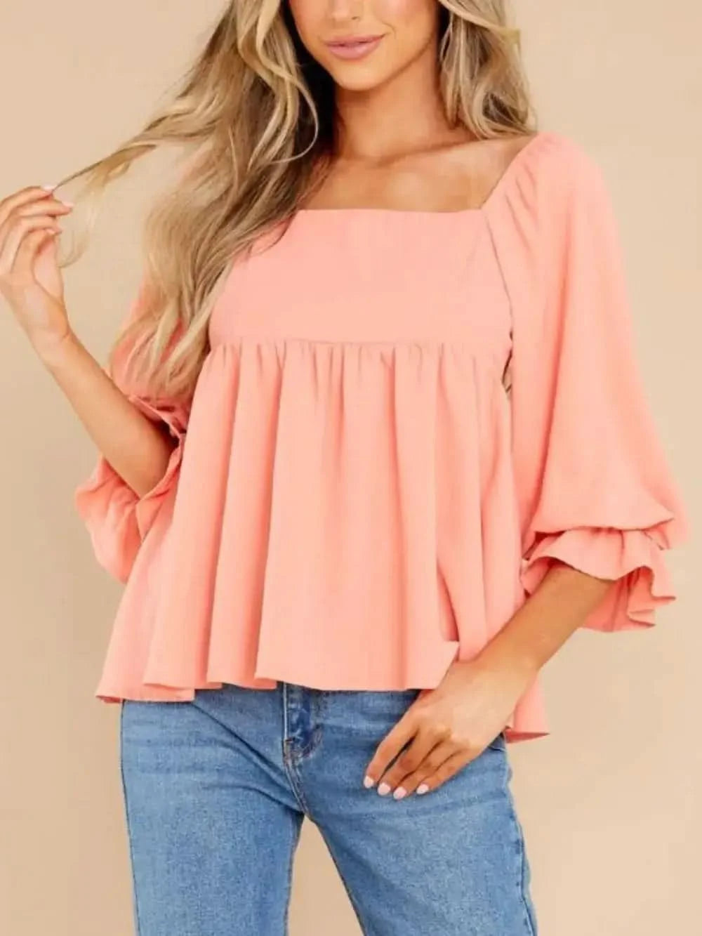 Smocked Square Neck Flounce Sleeve Blouse in Watermelon pink - photo