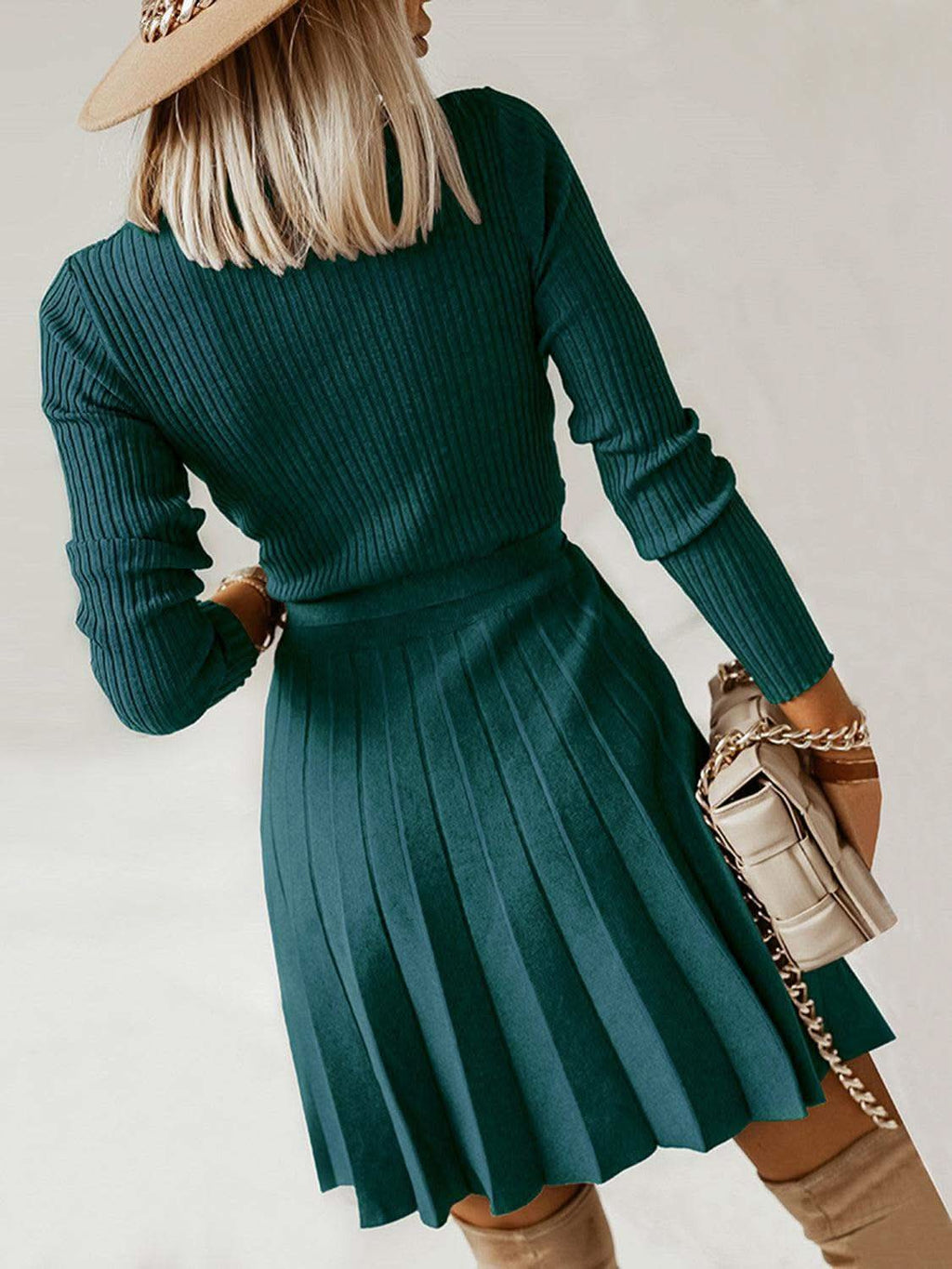 Surplice Neck Tie Front Pleated Sweater Dress in - photo