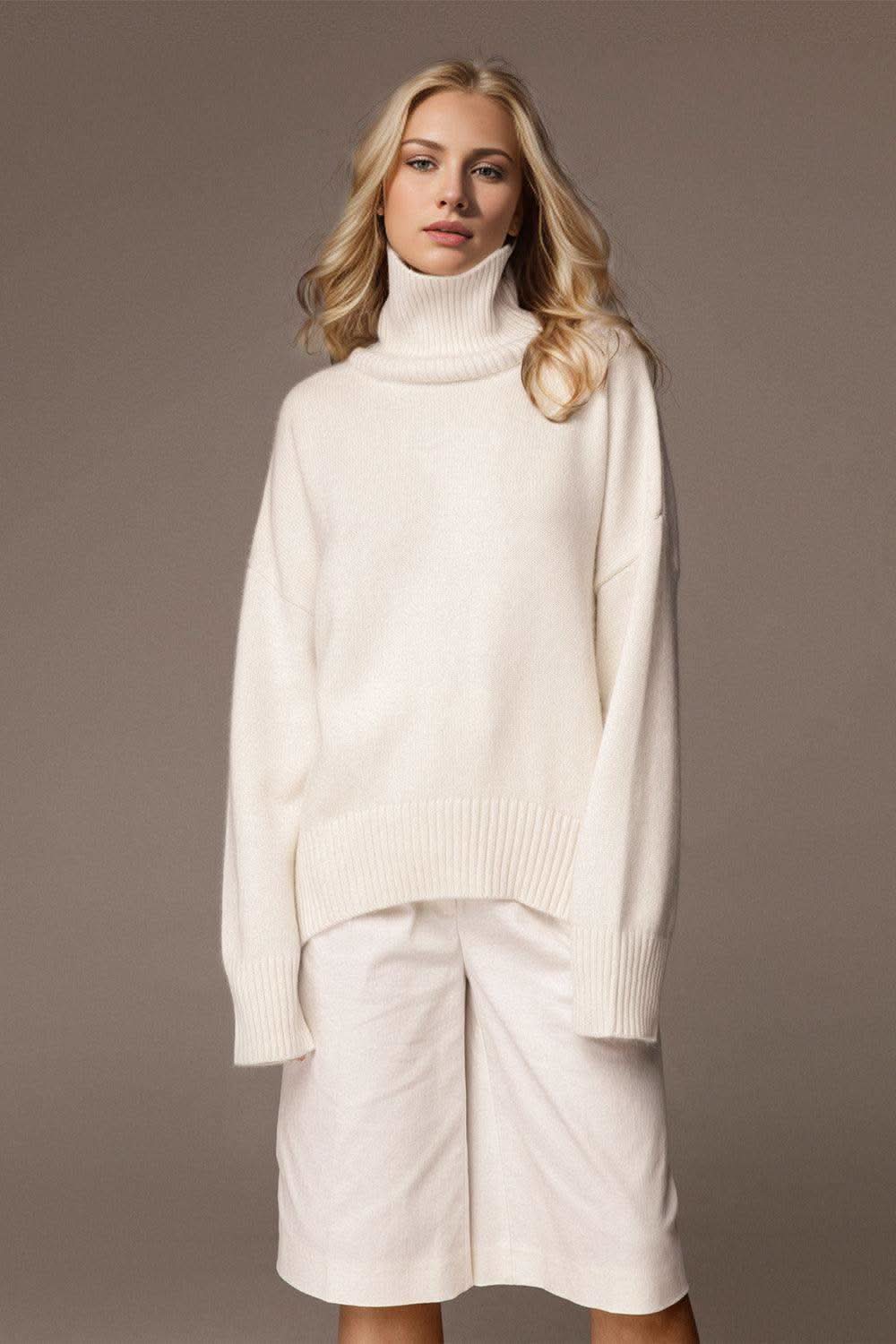 Basic Bae Turtleneck Dropped Shoulder Long Sleeve Sweater in White One Size - sweater photo
