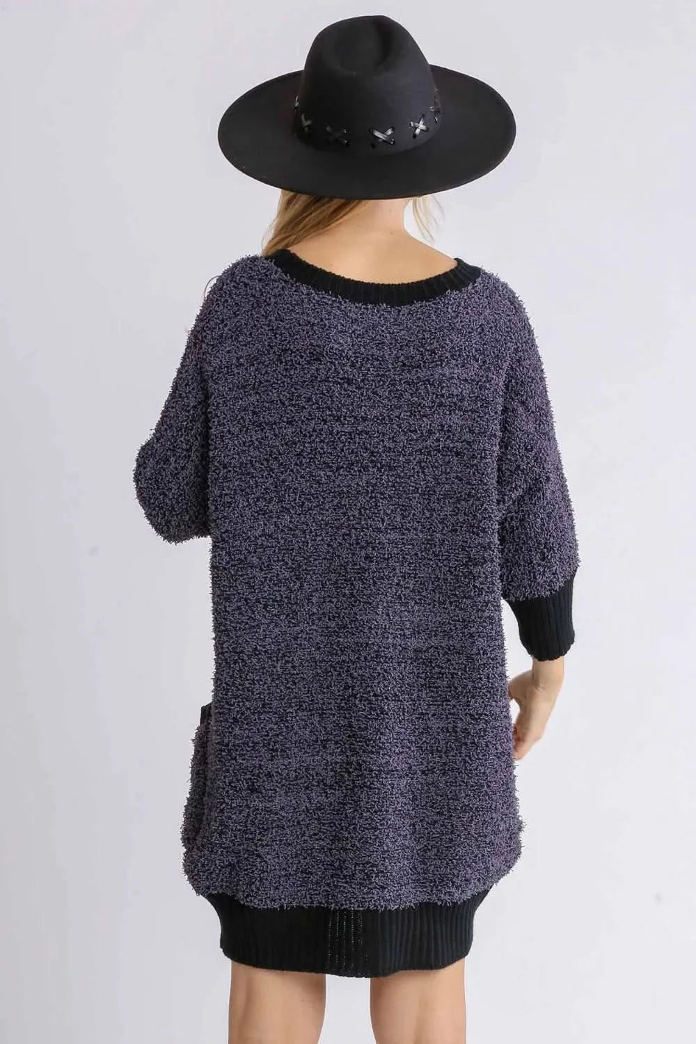 Umgee Full Size Ribbed Hem Round Neck 3/4 Sleeve Sweater Dress with Pockets Plus Size in - photo