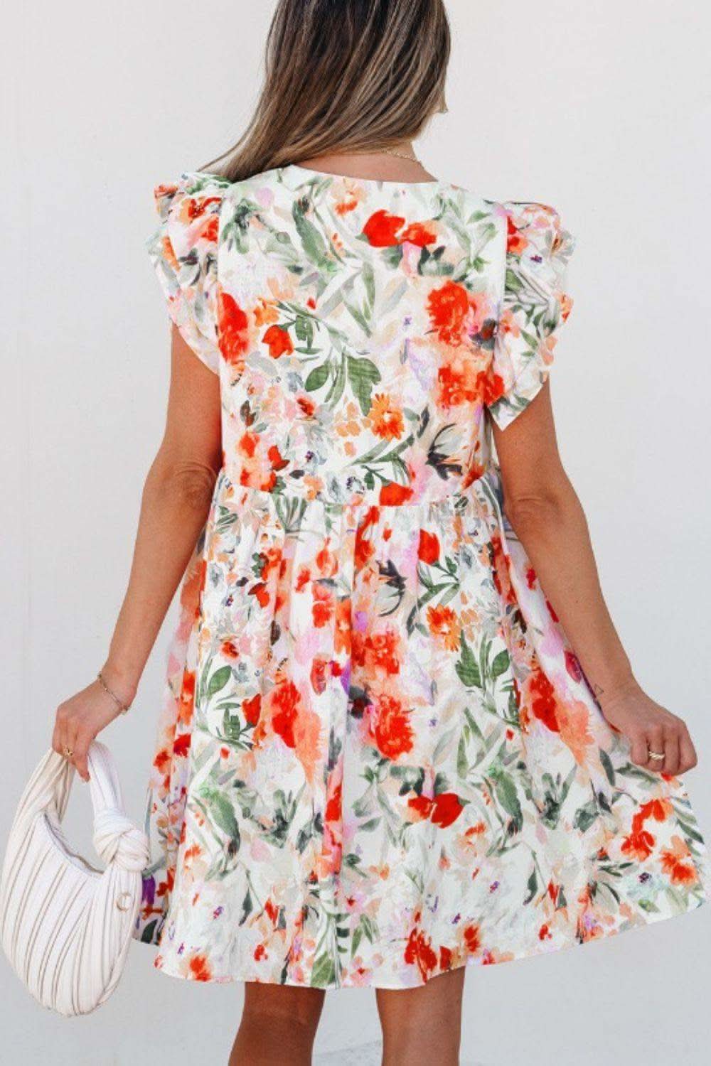 Floral Double Ruffle Sleeve V Neck Mini Dress - SwagglyLife Home & Fashion