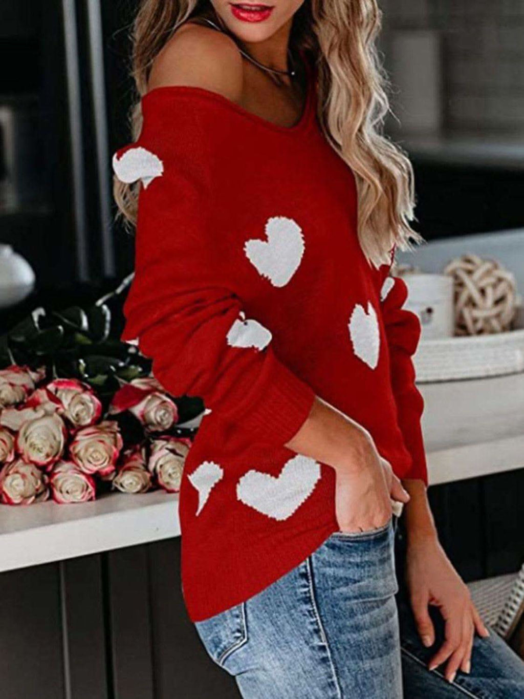 Heart Scoop Neck Long Sleeve Sweater in - photo