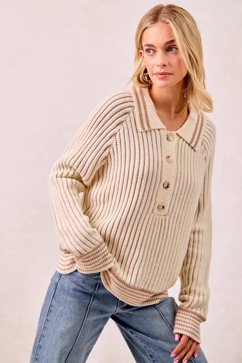 BiBi Half Button Ribbed Two Tone Sweater - SwagglyLife Home & Fashion