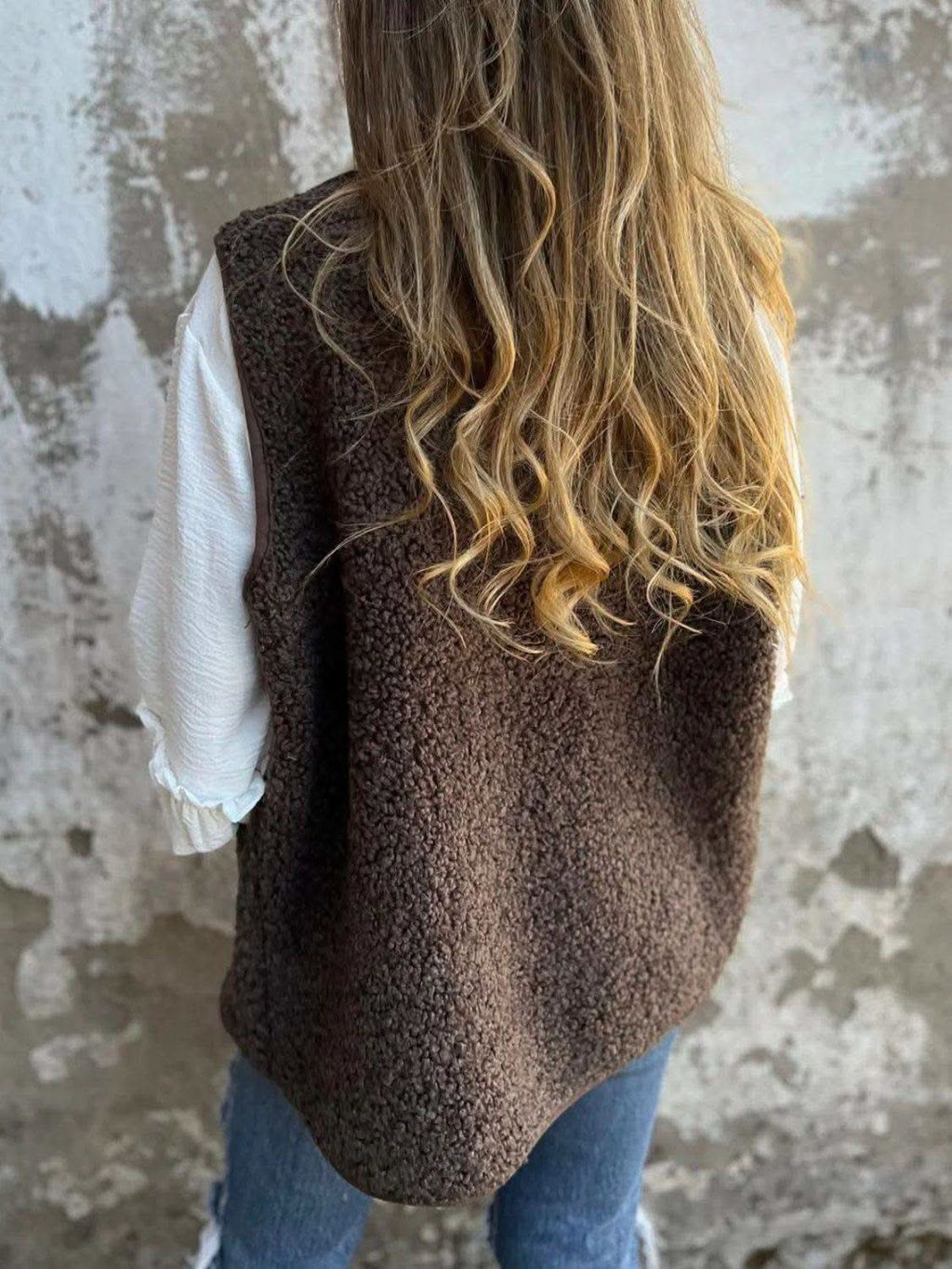 Full Size Pocketed Button Up V-Neck Sherpa Vest in - Vests photo