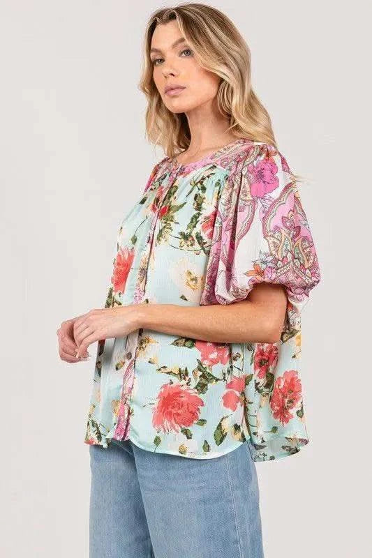 SAGE+FIG Plus Size Floral Mineral Wash French Terry Button Up Shirt in - photo